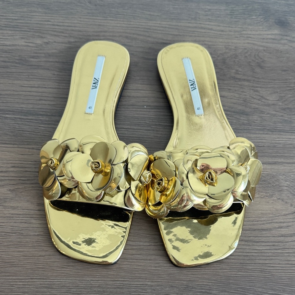 Zara Metallic Gold Floral Sandals size 41
